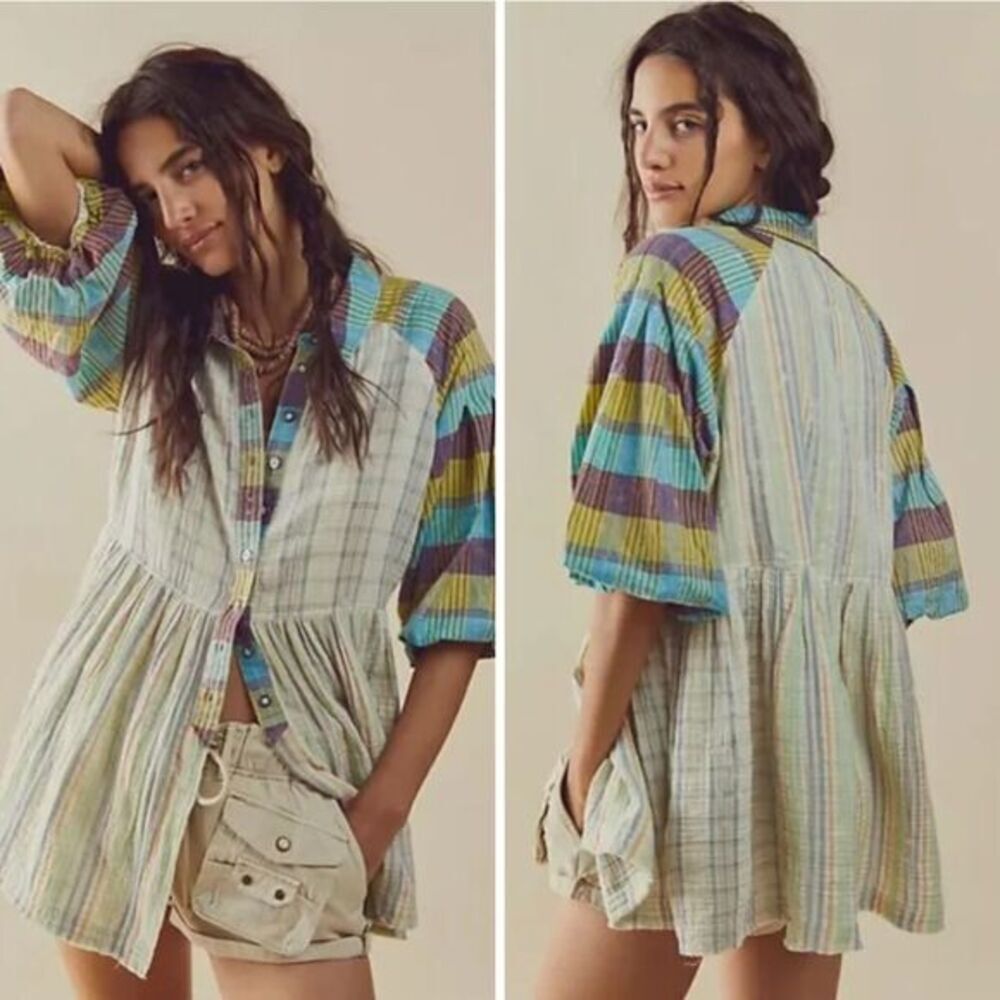 NEW Free People Moon Bay Mixed Plaid Top shirt, XS